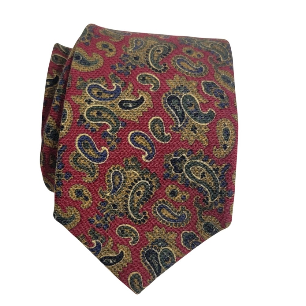 Faconnable Mens Red Paisley 100% Wool Tie Hand Made in France Luxury Necktie